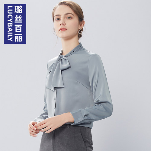 璐丝百丽灰色蝴蝶结系带雪纺衬衫