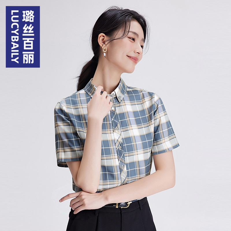 璐丝百丽时尚短袖女式格子衬衫高人气百搭显瘦格纹上衣法式休闲