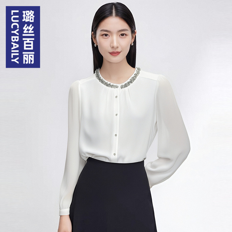 气质百搭长袖雪纺衬衫女设计感圆领时尚显瘦高级感小众洋气小衫