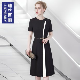 职业连衣裙高级感气质2026新款 璐丝百丽裙子女夏季 圆领A字裙短袖