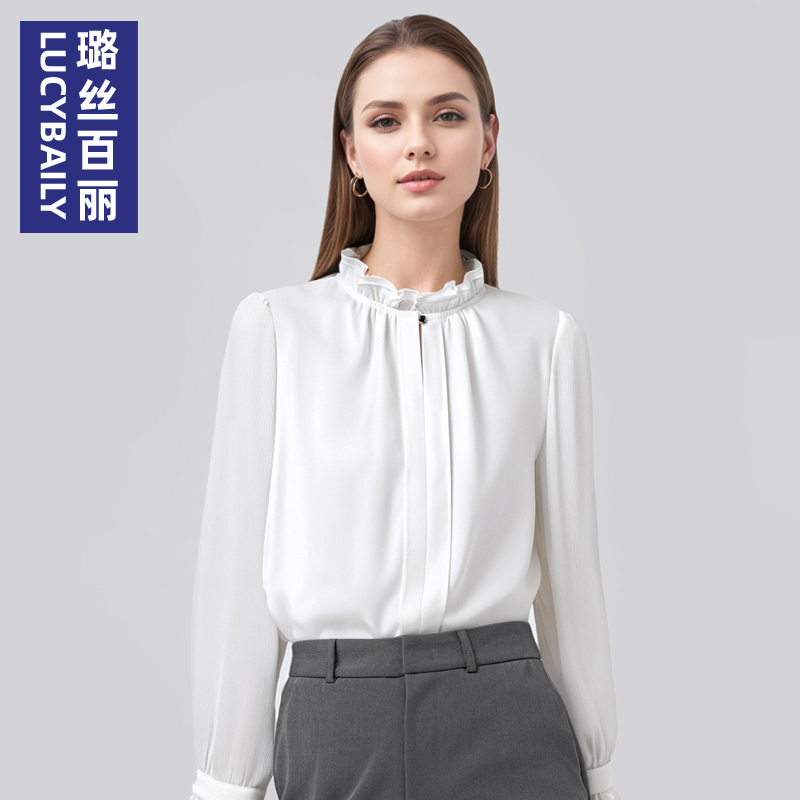 2025新款白色衬衫女长袖立领木耳边衬衣气质上衣职业通勤休闲小衫