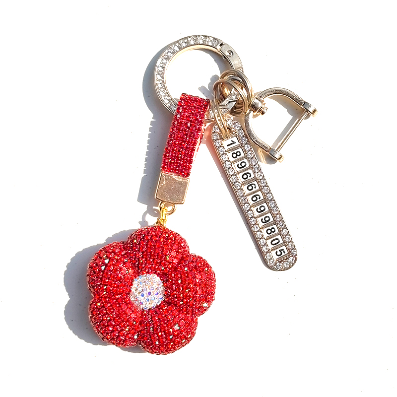 卡通镶钻山茶花朵闪亮汽车钥匙扣号码牌钥匙链网红包包吊坠礼品女