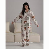 宽松版 女士睡衣纯棉长袖 春秋新款 可外穿家居服套装 抗菌拉架棉