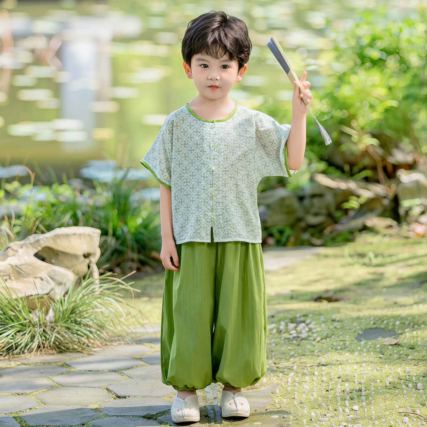 唐制汉服男童短袖长裤儿童唐装圆领褙子宝宝新中式套装中国风演出