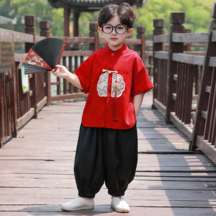 宝宝周岁礼服红色汉服男童夏季儿童唐装国风短袖男孩中式演出服薄