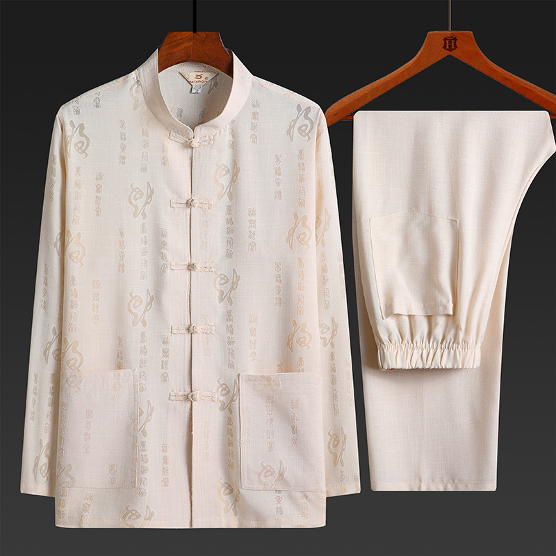 老人棉麻唐装男长袖爸爸春夏装中老年亚麻套装爷爷衣服40-50-60岁