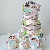 网红蜡笔小新结婚蛋糕装 饰插牌订婚礼甜品台新郎新娘爱心花朵插件