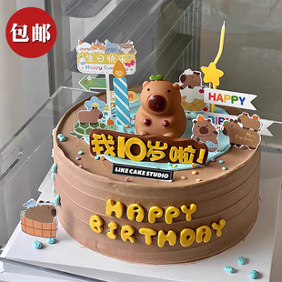 网红同款卡皮巴拉水豚蛋糕装饰摆件 卡通动物生日指路牌蜡烛插件