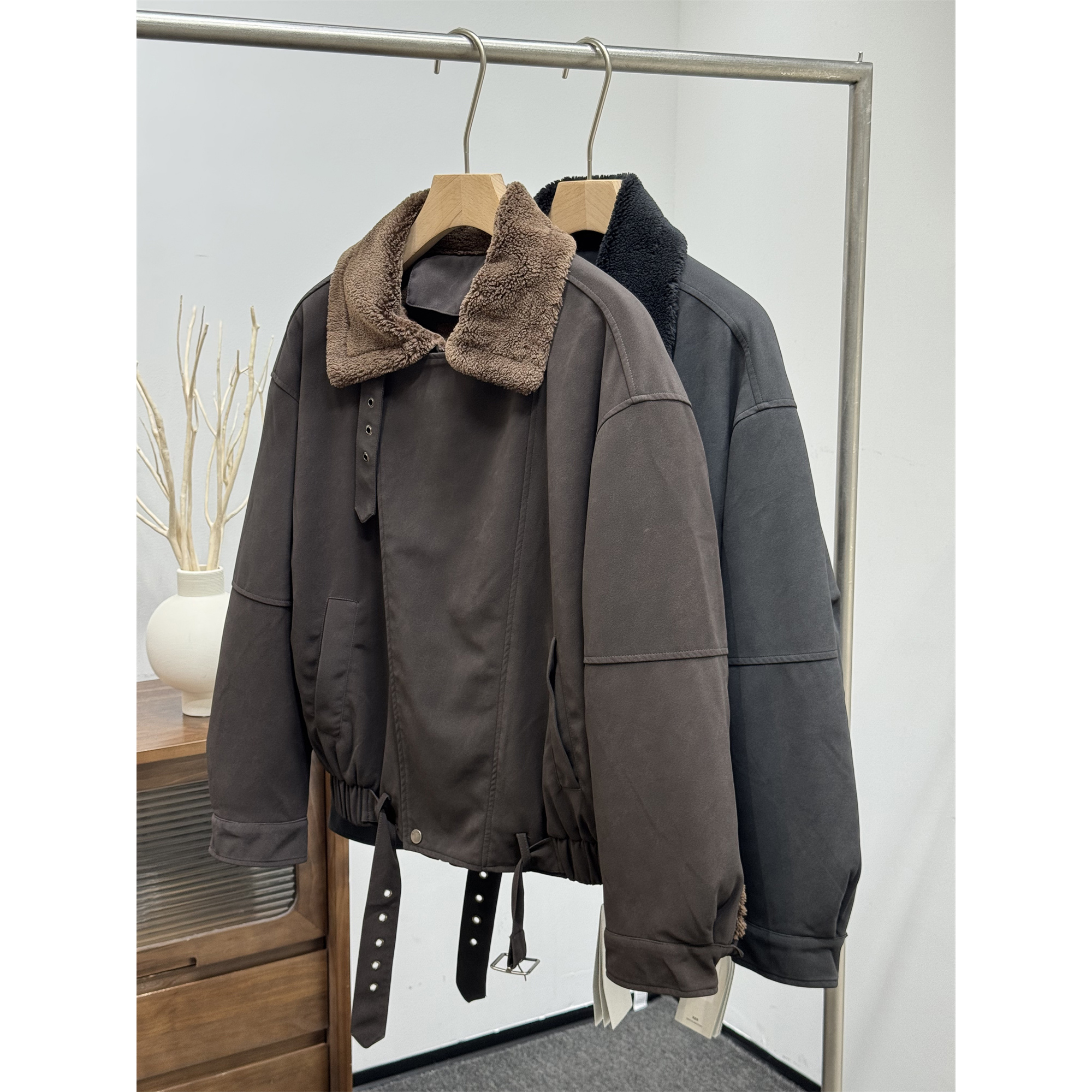 冬季厚款英伦鹿皮绒羊羔毛翻领拉链夹克外套复古时尚皮毛一体外套