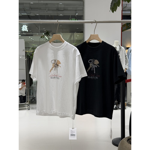 IHB夏季新款潮牌休闲钥匙印花短袖T恤男圆领落肩袖宽松潮流上衣
