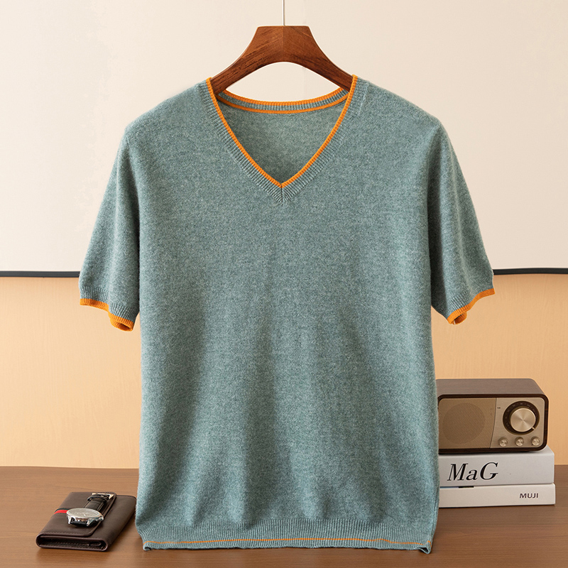 纯羊毛半袖青年新款拼色男士休闲