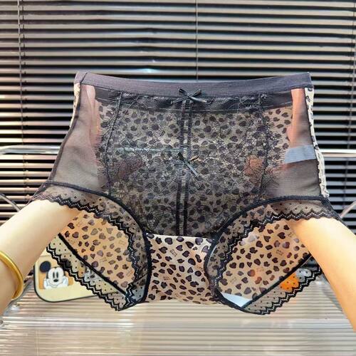 性感豹纹蕾丝内裤冰丝透气镂空透明亲肤舒适高腰无痕女士三角内裤