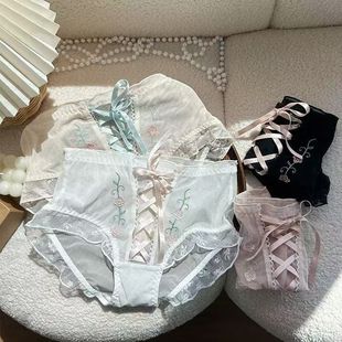 刺绣花朵甜美内裤 女士爆款 蕾丝边甜辣性感系带纯棉裆中高腰三角裤