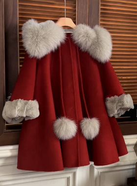 童装女童冬呢子加绒大衣儿童宝宝洋气披风外套洋气小公主斗篷红色