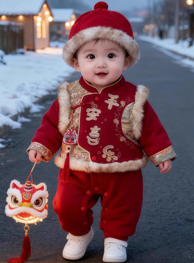 婴儿连体衣服冬季宝宝哈衣周岁礼服拜年服过年红色喜庆加厚外出服