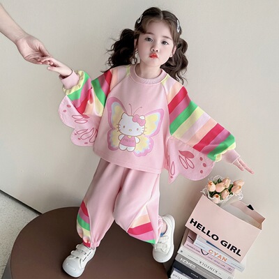 女童卫衣套装春秋款2026新款洋气卡通儿童蝴蝶翅膀衣服春装两件套