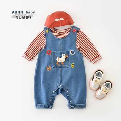 婴幼儿童春秋新款卡通裤子宝宝新生儿小鸭子牛仔背带裤连体裤男女