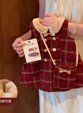 女童秋冬连衣裙2025新款女宝宝加绒红色格子小香风周岁礼裙背心裙