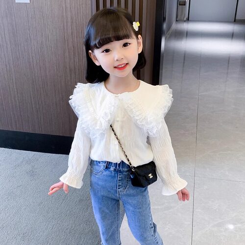 女童衬衫长袖秋装薄款中小儿童雪纺娃娃领白色外套春秋款衬衣上衣