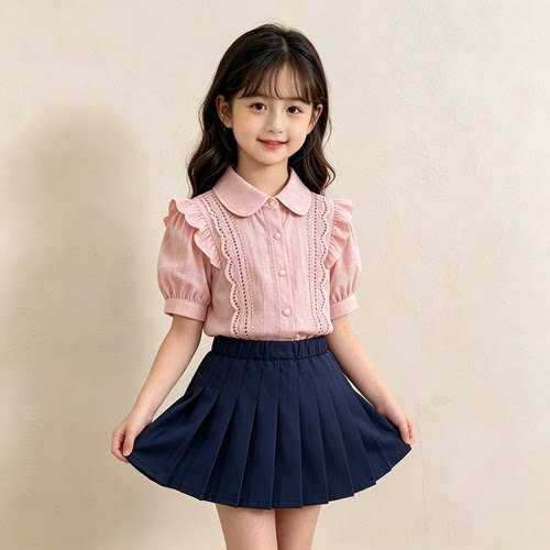 女童短袖白色衬衫夏新款小学生表演出纯棉校服儿童半袖衬衣学院风