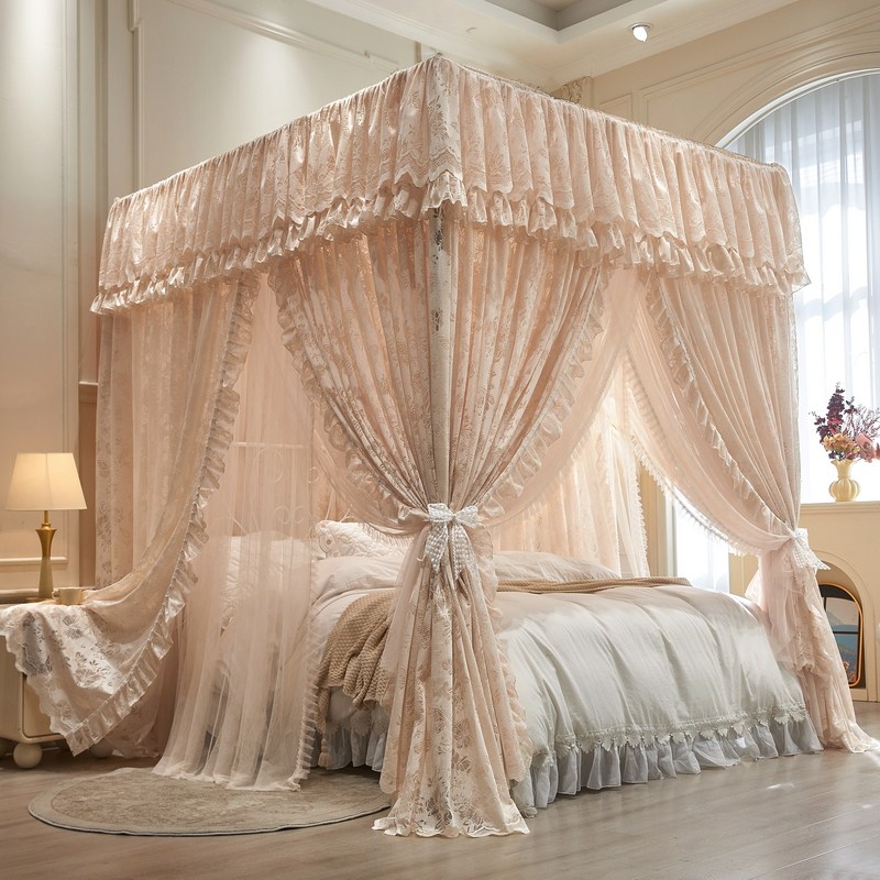法式豪华宫廷款双层纱蕾丝蚊帐家用三开门落地床幔加厚铝合金支架