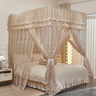 豪华提花蕾丝款落地宫廷蚊帐加密三开门法式公主床幔加粗四柱支架
