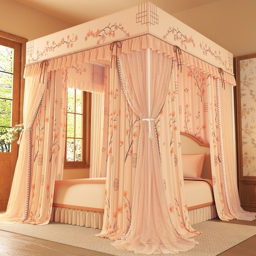 A类双层五通双杆5面全遮光落地宫廷床帘蚊帐家用3开门1.8加厚支架