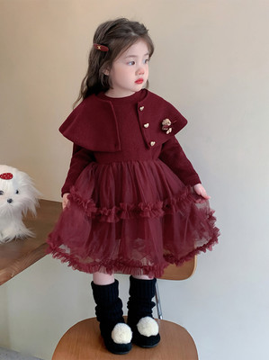 女童连衣裙秋冬披肩斗篷儿童加绒保暖公主连衣裙宝宝冬装裙子潮