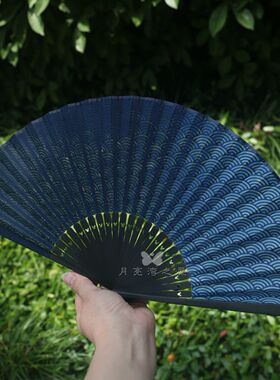 棉布中式折扇波浪纹蓝色古风便携竹质扇子夏季降温手拿扇23cm