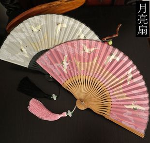 复古风6寸女扇折扇汉服扇夏季 月亮扇 携带小扇子礼品扇仙鹤祥云