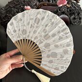 月亮扇 携带小扇子贝壳葵形扇米黄 小清新6寸日用女扇棉布折扇夏季