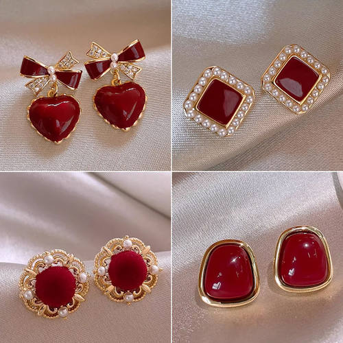 酒红色方形珍珠耳钉女小众