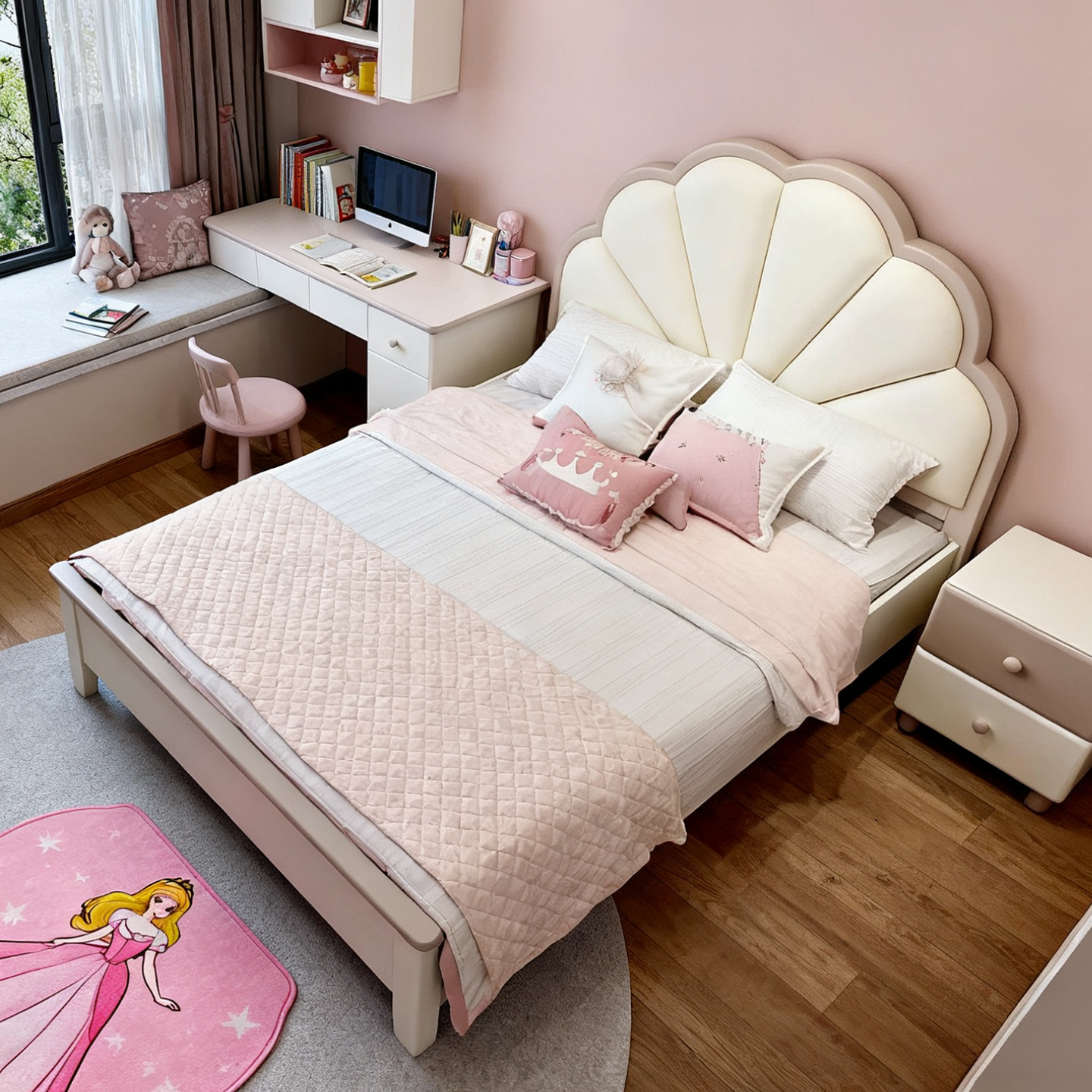 纯实木粉色奶油风儿童床