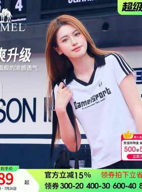 骆驼运动短袖T恤女2026夏季新款网球风V领休闲半袖印花正肩上衣
