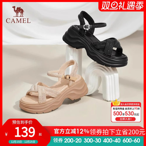 骆驼女鞋2025夏季新款百搭休闲凉鞋一字带凉鞋女通勤厚底增高凉鞋