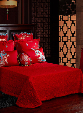 婚庆床盖大红色100支喜庆结婚纯棉全棉加厚床罩被单单件250x270CM