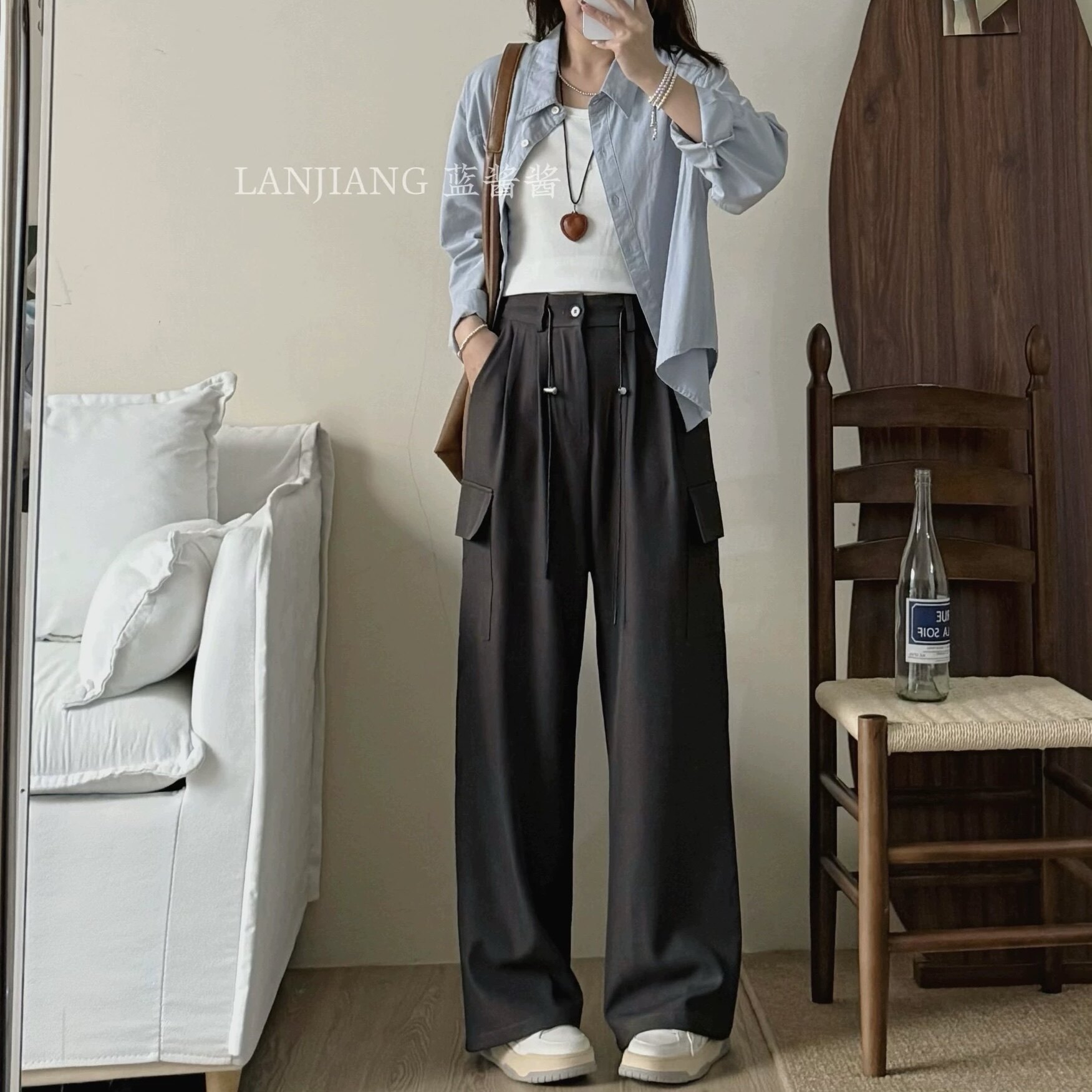 LANJIANG 美式复古高腰工装裤抽绳休闲直筒阔腿裤6033
