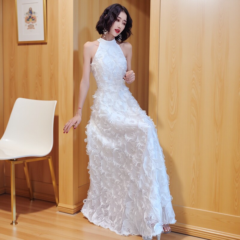 白色公主风晚礼服高级感气质主持绝美仙气羽毛宴会生日成人礼长裙