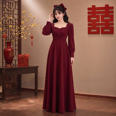 红色长袖连衣裙敬酒服结婚礼服