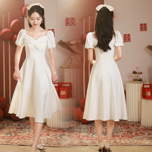 酒红色回门结婚订婚礼服连衣裙便装 春夏季 敬酒服新娘2025新款 短袖