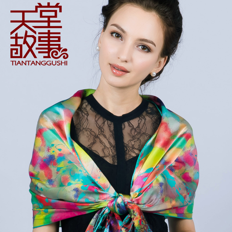 天堂故事民族风 真丝丝巾 100%桑蚕丝丝巾长款 秋冬 真丝围巾 女