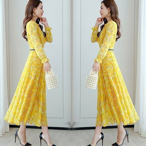 正品雪纺长袖连衣裙女印花仙女裙荷叶边领打底裙收腰过膝长裙显瘦