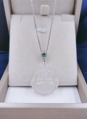 S925纯银时尚微镶白玉髓大佛项链笑口常白玉髓弥勒佛凤尾链带证书