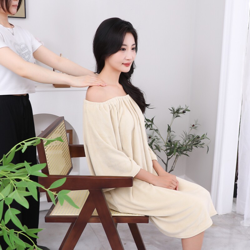 新款美容院按摩服一字肩浴裙客人服吸水浴巾裙头疗馆带袖中长款女,居家布艺,浴裙/浴袍/浴衣,淘宝优惠券,粉丝福利购,淘宝优惠卷