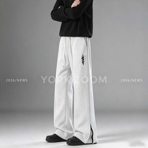 York Zoom秋季新品潮流灰卫裤男女微喇休闲裤cleanfit弯刀拉链裤