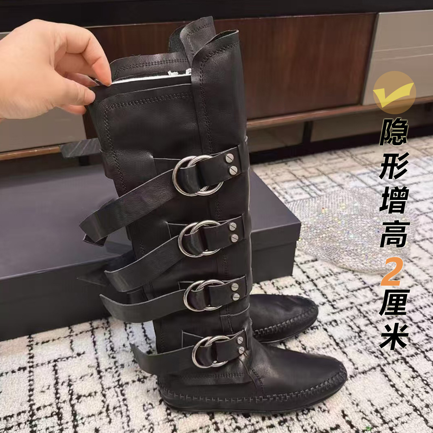 羊皮版~2025新款平底绑带长筒靴女不过膝西部牛仔靴高筒时装靴潮
