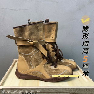 8cm内增高时髦拳击靴女复古拼色绑带侧拉链猎装亮眼德训马丁靴ins