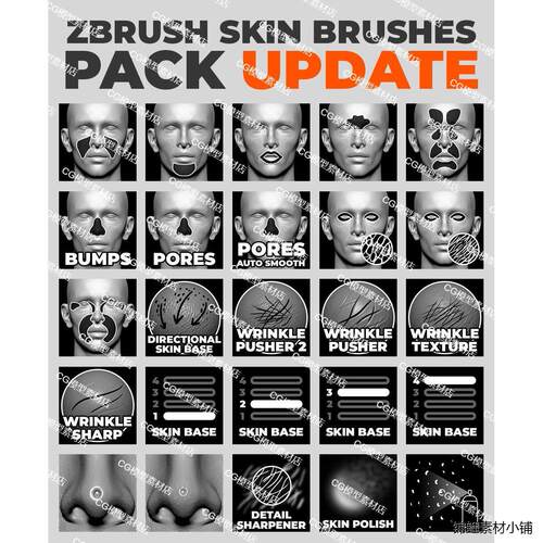 zbrush写实人类皮肤毛孔雀斑痘痘印笔刷zb脸部毛孔皮肤纹理笔刷