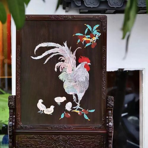 老挝大红酸枝/赞比亚血檀满浮雕嵌螺钿插屏/台屏/屏风/背屏/ 清供
