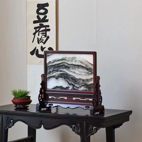 老挝大红酸枝（交趾黄檀）嵌云石插屏/台屏/屏风/背屏/清供